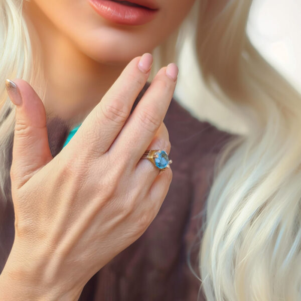 925 Ayar Gümüş ve Altın Kaplama Blue Topaz Yüzük – Tie Koleksiyonu TI003 - Görsel 2